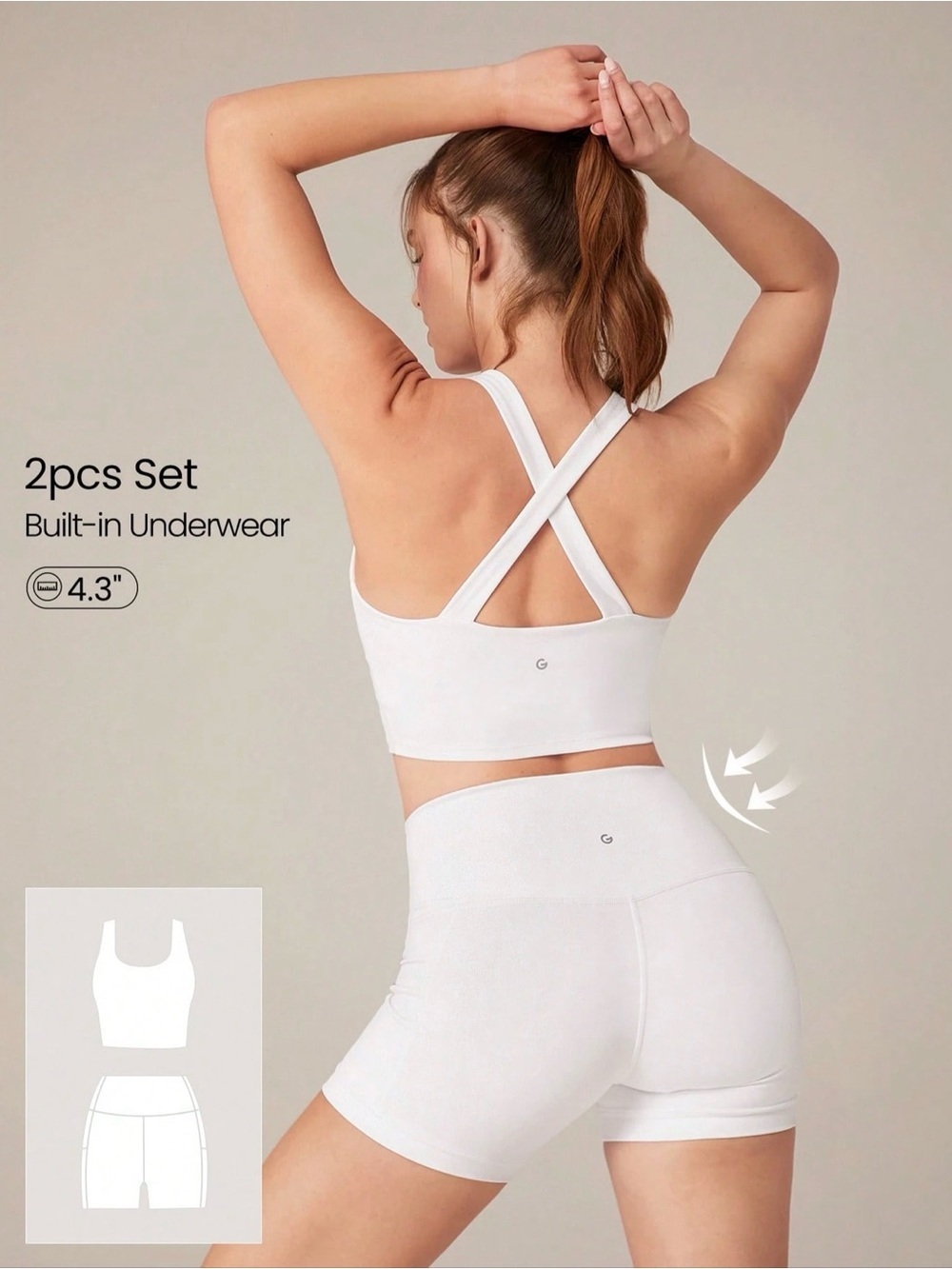 Glowmode PowerSculpt White Sports Bra & Biker Shorts Set Women’s Large